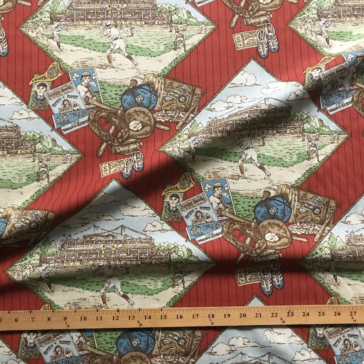 Red Vintage Baseball Printed Cotton Fabric 54"