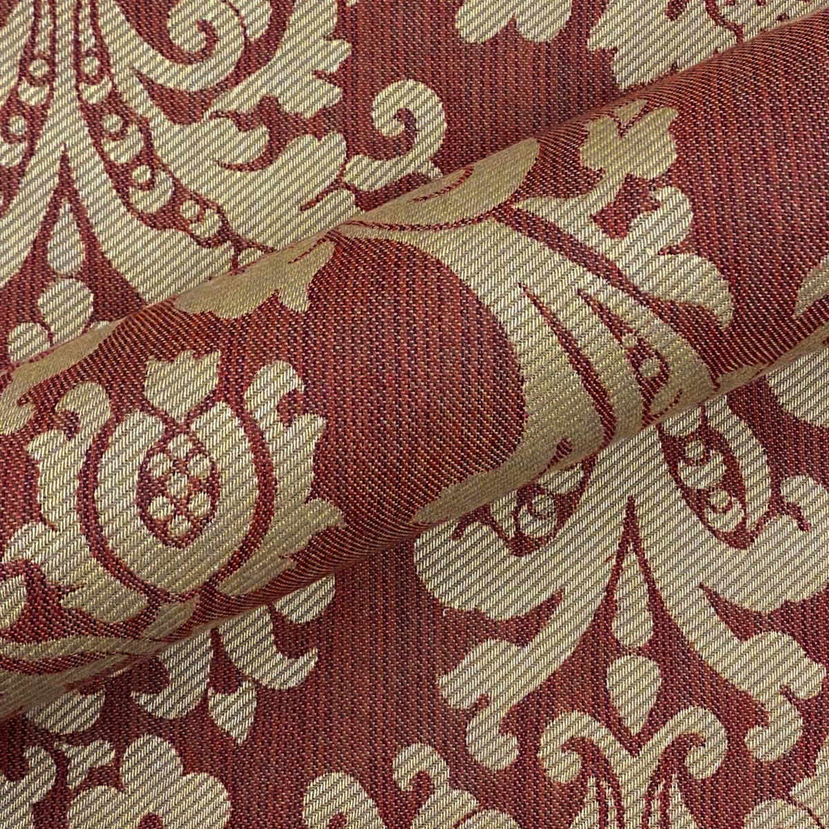 Red and Gold Damask Outdoor Upholstery Fabric 56" Plankroad Home Decor