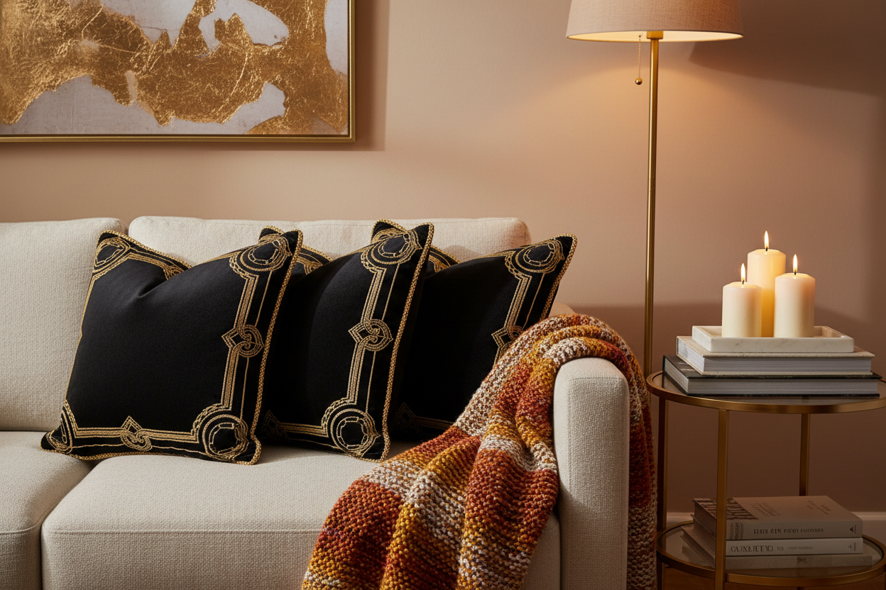 Dramatic Elegance: Styling Black Throw Pillows with Gold Trim